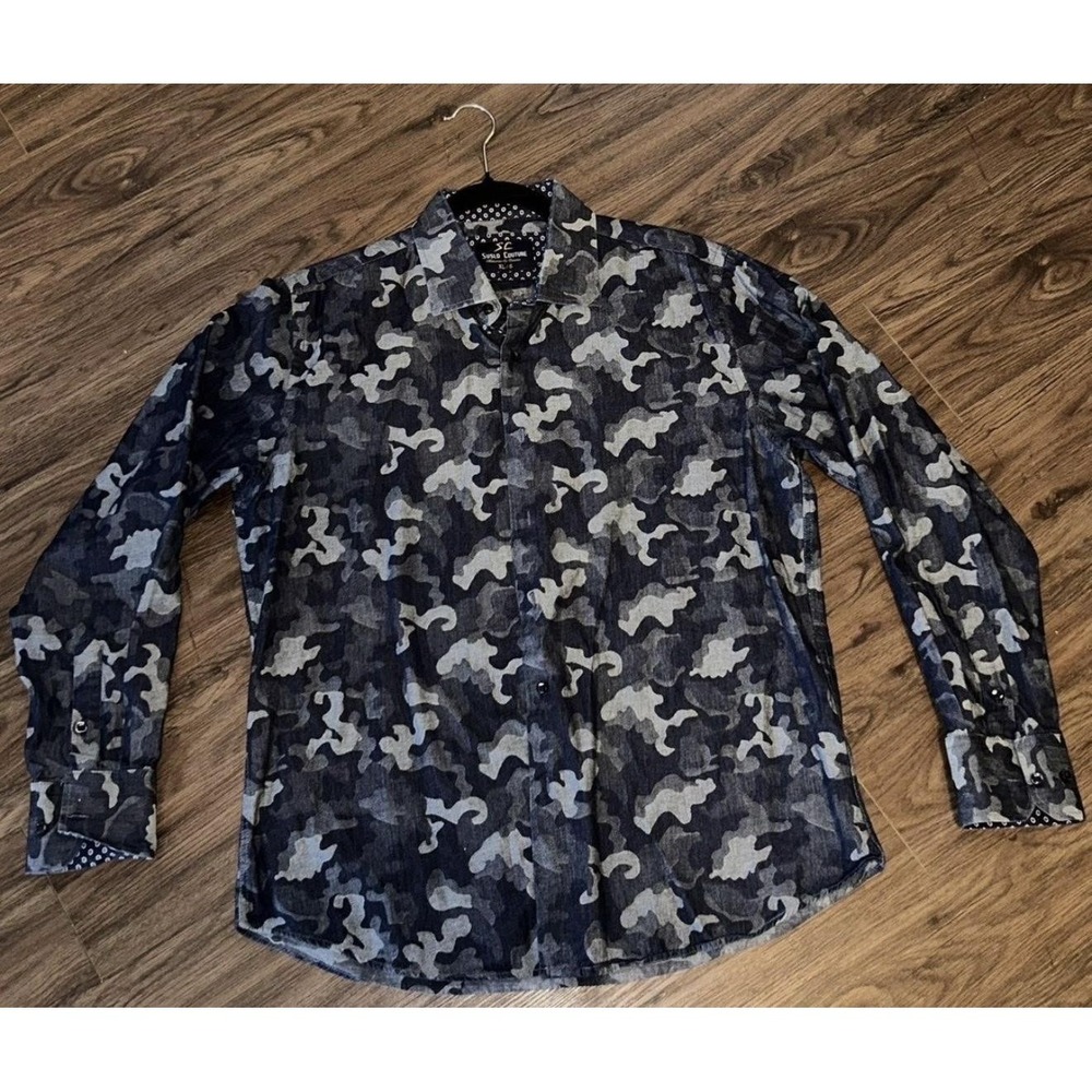 Suslo Couture Shirt Mens XL Blue Camouflage Cotton Long Sleeve Button Up Casual